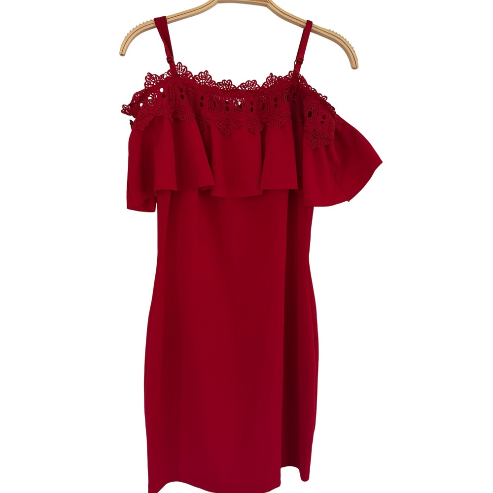 BCX Dress Womens Red Cold Shoulder Ruffle Crochet Lace Trim Slim Social 1160K8J